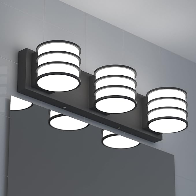 LED Bathroom Vanity Light - 20.5 Inch Black 3-Light Fixture with White Acrylic Shades, 6000K Cool White, Mirror Lighting for Bathroom, Bedroom, Hallway, Living Room Wall Sconce