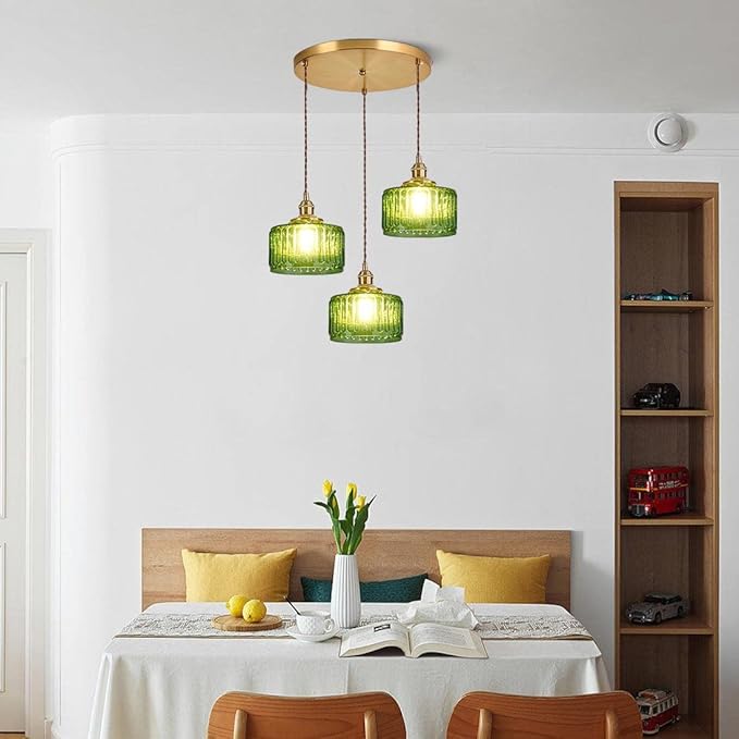 3-Light Modern Chandelier Pendant Light - Mid Century Sputnik Glass Globe With Green Striped Shade, Gold Adjustable Ceiling Lamp for Dining Room