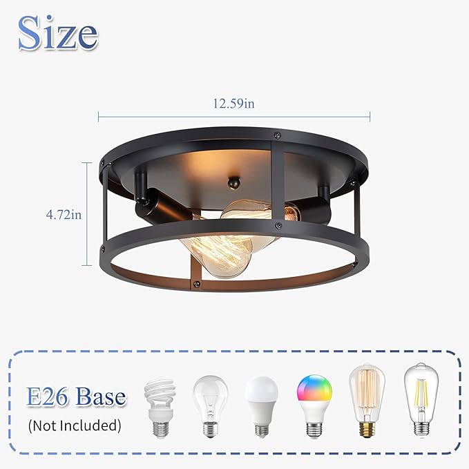 2 Pack Flush Mount Ceiling Light,13 Inch Industrial Farmhouse Ceiling Light Fixture,2-Light Matte Black Flush Mount Light Fixture for Kitchen Dining Room Entryway Hallway,E26 Base