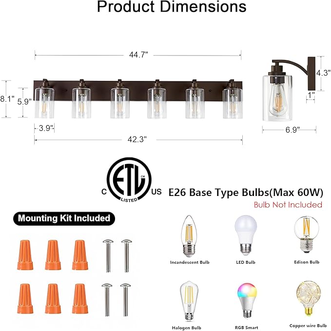 6-Light Bathroom Light Fixtures Modern ORB Vanity Lights for Bathroom Lighting Fixtures Over Mirror with Clear Glass Shade for Cabinet Mirror Bedroom Hallway