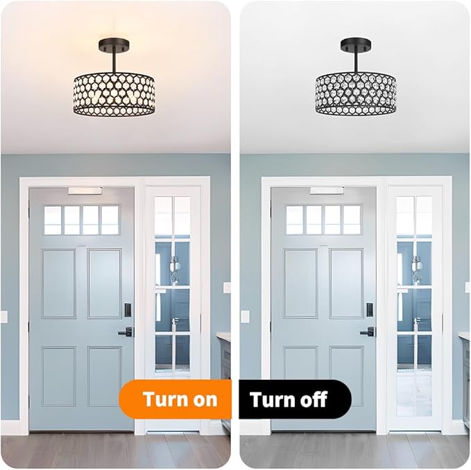 Black Crystal Ceiling Light Fixture - Modern Semi Flush Mount Ceiling Light for Hallway, Kitchen Lighting Fixtures Ceiling, Dazzling Prism Chandelier for Foyer Closet Bedroom, 3 Light, 12 in