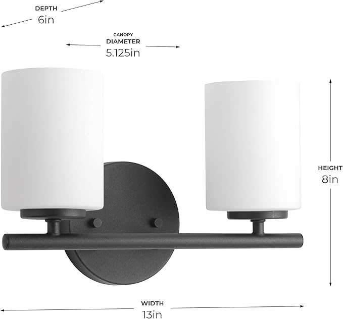 Progress Lighting 2-Light Bathroom Vanity Light, Modern Bath Lighting Fixture with Etched White Glass Shades for Over the Mirror, Reversible Mounting, Replay Collection, Textured Black