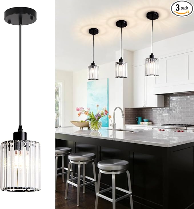 3 Pack Black Pendant Light, Modern Crystal Mini Chandeliers Farmhouse Vintage Rustic Pendant Lighting Fixtures for Kitchen Island Dining Room Bedroom