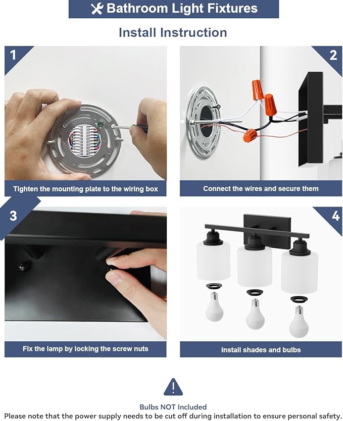 Sailstar 3-Light Bathroom Vanity Light, Anti-Rust Matte Black Bathroom Light Fixtures Over Mirror, Modern Bathroom Lights Wall Mount with Milky White Glass Shades, E26 Base Vanity Lighting