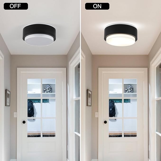 Luupyia 12.59 Inches Drum Ceiling Light with Black Metal and White Fabric Shade, 3Light Simple Modern Drum Semi Flush Mount Ceiling Light with Double Shade, Overhead Light for Bedroom Hallway E26, 60W