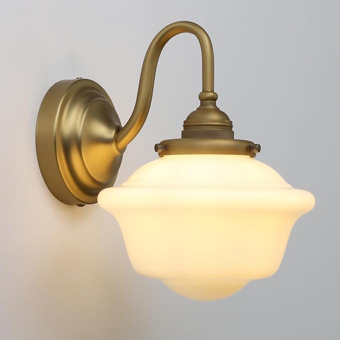 Pathson Vintage Wall Sconce with Milk White Glass, Hardwired Swan-Neck Wall Vanity Light Bathroom Sconce Fixture for Living Room, Foyer, Loft, Bedroom, Farmhouse Lamp