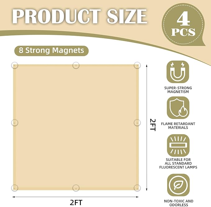 ANGSYLTH 2 x 2 Feet Fluorescent Light Covers - 4 Pcs Covers for Ceiling Lights, Magnetic Light Filters for Classroom, Office, Hospitals, Home (Warm Yellow)