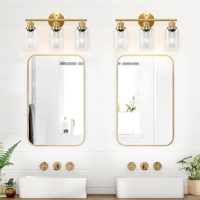 3-Light Brushed Gold Vanity Lights, E26 Modern Bathroom Light Fixtures with Clear Glass Shade, Wall Lamps for Mirror Kitchen Hallway Cabinet Living Room Sconces Lights