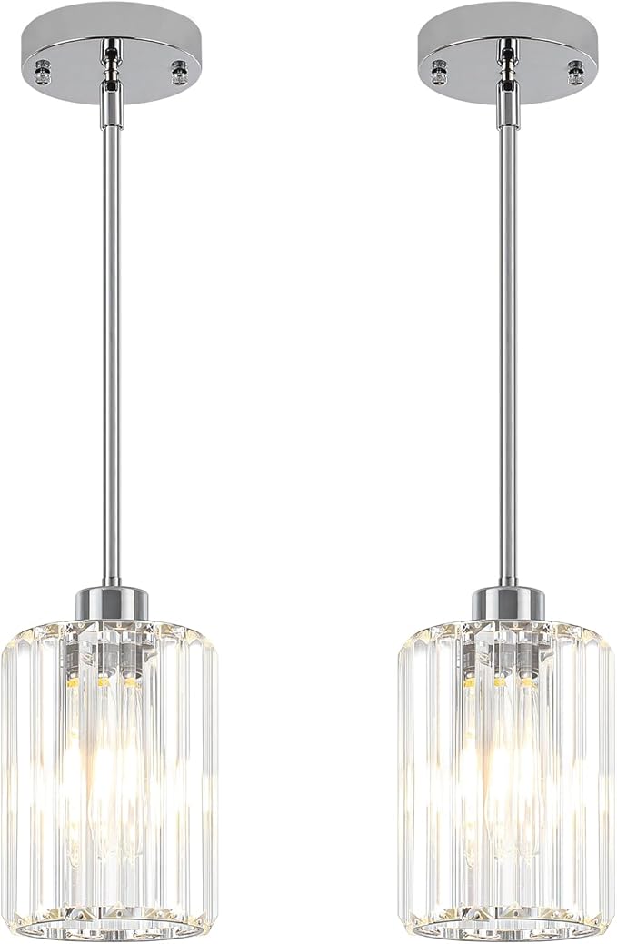 2 Pack Chrome Crystal Pendant Lights Kitchen Island, Modern Kitchen Pendant Lighting Over Island Dining Room Light Fixtures Adjustable Hanging Pendant Light for Bathroom Hallway Entryway Bedroom Foyer