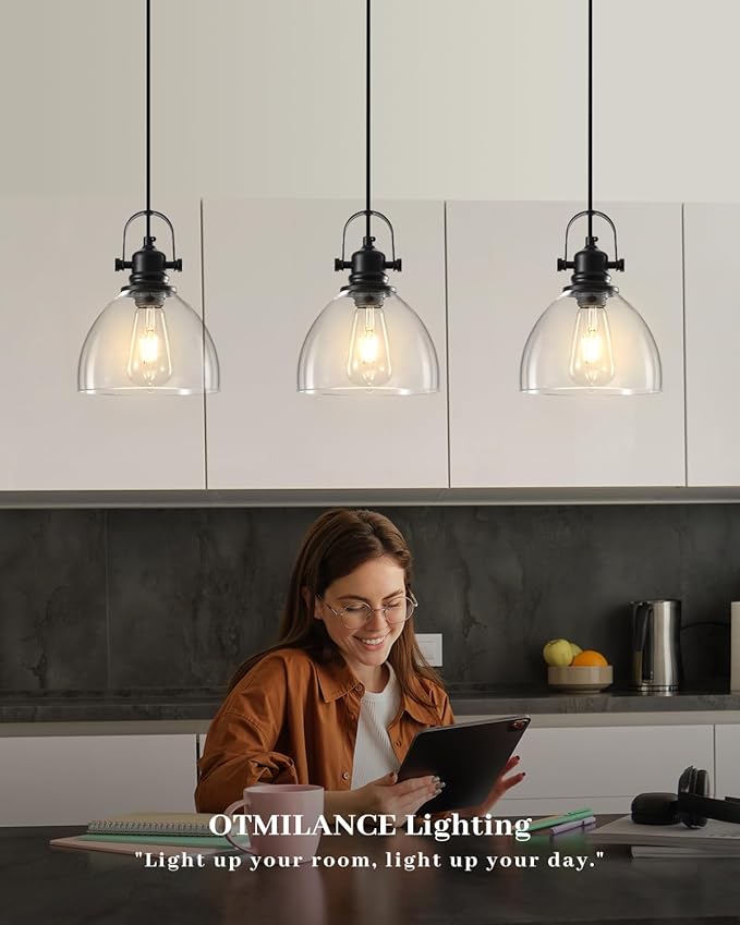 Kitchen Pendant Lighting Over Island 3 Pack, 7.5” Black Pendant Lights Kitchen Island, Farmhouse Glass Pendant Lights Kitchen Island, Industrial Pendant Light for Kitchen, Bedroom, Bathroom