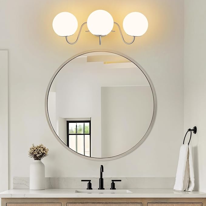 3 Lights Vintage Bathroom Vanity Light Fixtures Over Mirror, Brushed Nickel Vanity Lights For Bathroom With Milk White Glass Globe Shade, Wall Lights For Bedroom, Hallway, Dressing Table(G9 Incl.)