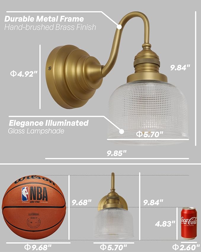 Vintage Wall Sconce Antique Brass Gold Bathroom Vanity Light with Clear Checkered Glass Shade Indoor Hardwire Wall Mounted Lamp Light for Bathroom Mirror Living Room Bedroom Kitchen