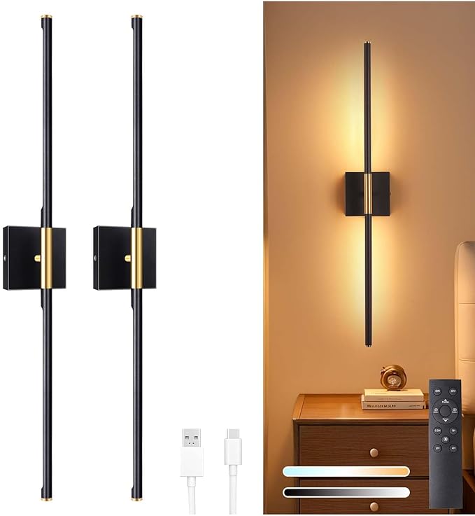 Shenmoyl Battery Operated Wall Sconce Set of 2, 10400mAh Wireless Wall Sconces, 3000K-6000K Dimmable, 350°Rotate, Indoor Wall Lights with Remote for Bedroom Living Room Bathroom, Black Gold, 31.5 Inch