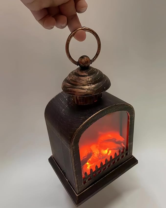Simulated LED Fireplace Lantern USB & Battery Powered Flameless Light with Emulation Flame Table Decorative Lamp Copper Fireplace Ornament for Cozy Home Decor Free Standing Electric Log Burner