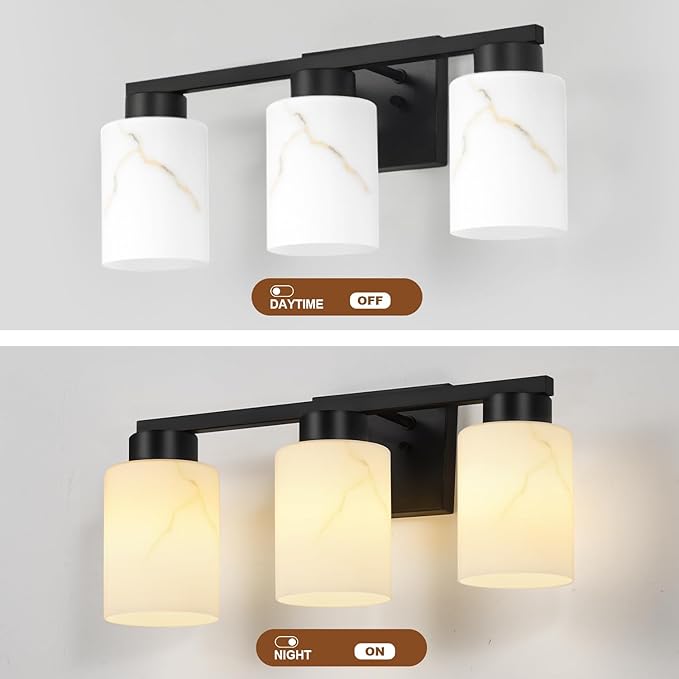 3-Light Bathroom Light Fixtures, Modern Vanity Lights, Black Metal Wall Lamp with Handcrafted Art Glass for Bathroom, Mirror, Living Room, Bedroom, Cabinet, Porch, Hallway, E26 Base