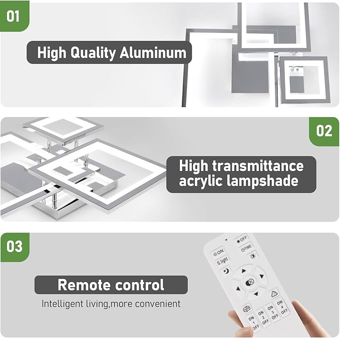 Modern Chrome Led Ceiling Light 3-Square Design 3000K-6500K Dimmable LED Ceiling Light with Remote 33W Acrylic Ceiling Lighting Fixture for Bedroom Kitchen Dining Room Office Lamps