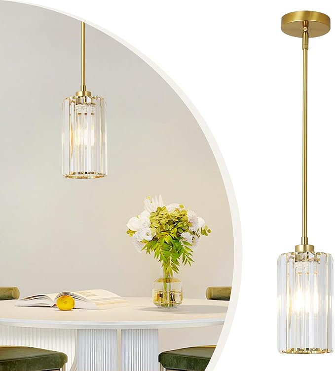 Crystal Pendant Lights, Modern Gold Pendant Lighting with Clear Glass Shade, Small Brass Chandelier Light Fixtures Ceiling Hanging for Dining Room Kitchen Island Bedroom Foyer Hallway