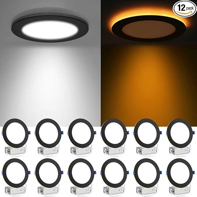 Meconard 12 Pack 6 Inch 5CCT LED Recessed Ceiling Light with Night Light, 2700K/3000K/3500K/4000K/5000K Selectable Ultra-Thin Lighting, 12W=110W, 1050LM, Dimmable Canless Wafer Downlight, Black Trim