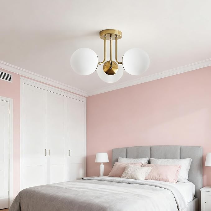 Mid Century Modern Brass 3-Light Gold Ceiling Light, Sputnik Ceiling Light Fixture with Globe White Glass, Semi Flush Mount Ceiling Light for Living Room Hallway Foyer, E26 Base