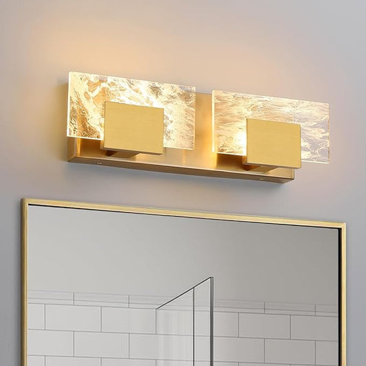 LED Bathroom Vanity Light: 16 inch Brushed Gold Acrylic Modern Lighting Fixtures - 2 Lights Contemporary Smoke Design Wall Lights Fixture Over Mirror 3000K