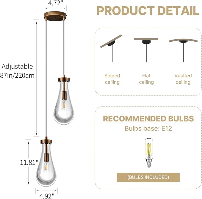 Raindrop Pendant Lights Kitchen Island: Copper Brown Teardrop Hanging Light - 2 Head Crystal Pendants Light over Dining Table - Durable Raindrop Lighting Fixture for Bedroom Hallway Bulbs Included