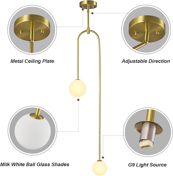Modern Milk Glass Pendant Light 2 Light Mid Century Chandelier Small Glass Globe Gold Pendant Lights for Kitchen Island Bedroom Dining (2 Pack)