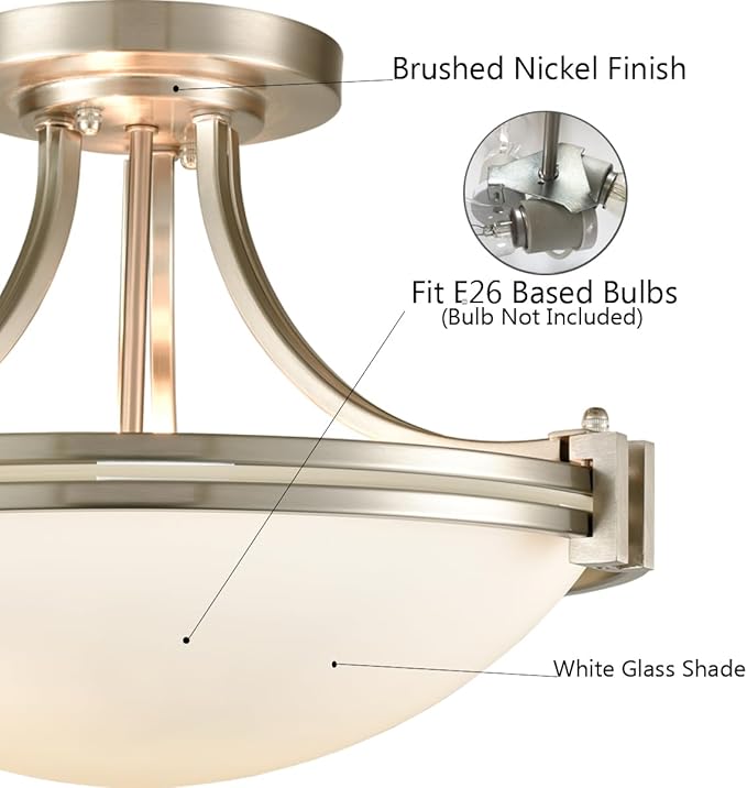 SAMTEEN Brushed Nickel Semi Flush Mount Ceiling Light Modern 3-Light White Glass Hallway Light Fixture Ceiling for Bedroom Living Room Kitchen, Bowl Shade