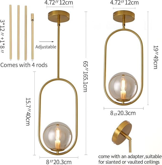 Modern Pendant Lighting Gold Hanging Light Fixture for Sloped Ceiling,Brass Pendant Lighting Fixture Pendant Chandelier Globe Gray Hanging Light