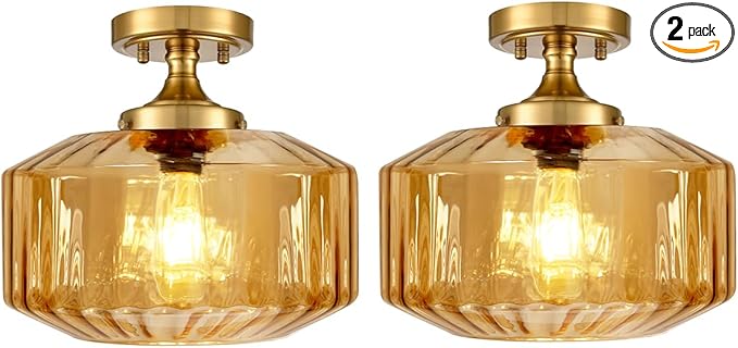 2 Pack Flush Mount Light Fixture Glass Globe Ceiling Light Amber Striped Glass Shade Gold Indoor Semi Flush Mount Chandelier Ceiling Light for Hallway, Kitchen, Entryway, Bedroom
