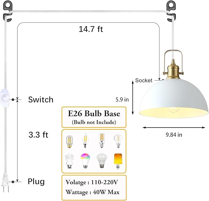 Plug in Pendant Light, Matte White and Gold Finish Haning Light with 19.68 Ft Cord, Dimming Switch, Metal Farmhouse Hanging Lamps for Living Room, Kitchen, Dining Room, Bedroom 9.84"