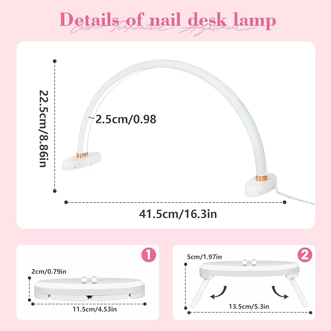 Half Moon Light for Nail Desk 16 inch Nail Desk Light Half Moon Lamp Portable Arch Lamp Dimmable with Foldable Bracket for Desk Salon Table Use, 3 Color Temperature