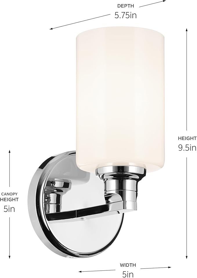 Kichler Gioe 1-Light Wall Sconce Bathroom Vanity Light Fixture with Opal Glass in Chrome, Damp Rated for Powder Room, Kitchen, Hallway, Bedroom (5" W x 9.5" H), 55224CH