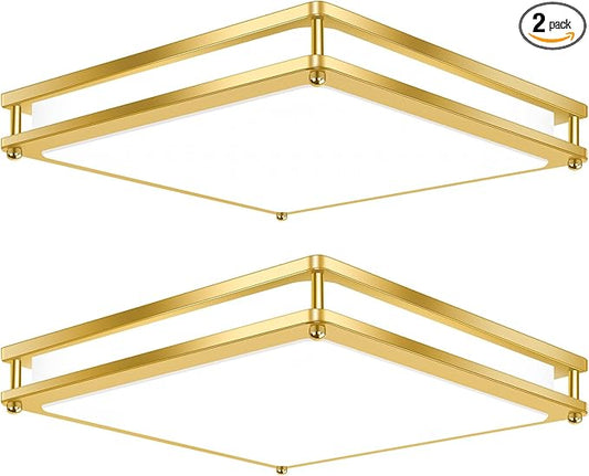 13 Inch Gold Square LED Ceiling Lights for Bedroom Kitchen Bathroom, 2-Pack 36W Super Bright 3200LM Modern Flush Mount Light Fixture, 2700K-6500K Selectable Dimmable Close to Ceiling Double Ring Lamp