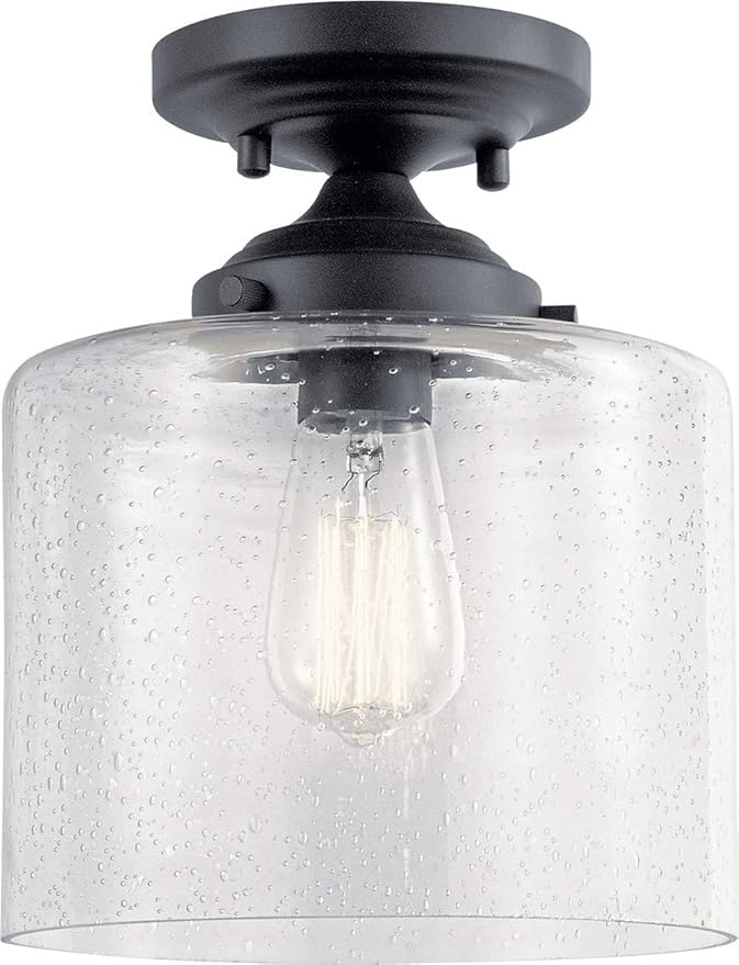 Kichler Winslow 8.5" 1-Light Semi Flush Mount Light with Clear Seeded Glass in Black for Kitchen, Bar, Laundry, Hallway, Bedroom, Dining Room (8.5" x 10.75"), 44033BK