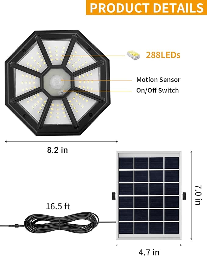 AEQ Solar Shed Light Indoor Outdoor 288LED 360°Lighting Solar Lights Work in Daytime with Remote Control, Waterproof Solar Gazebo Lights with Motion Sensor/5 Modes for Home Shed Garage Barn