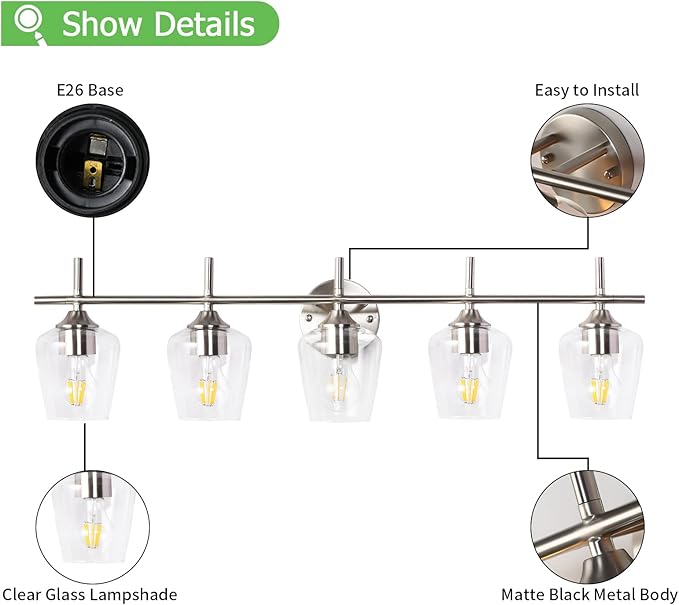 Bathroom Light Fixtures 5-Light Brushed Nickel Vanity Light with Clear Glass Shade, Modern Wall Lights for Bedroom Hallway Living Room (Nickel, 5-Light)