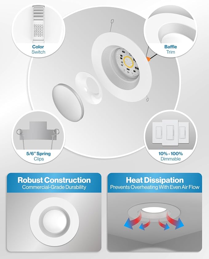 Sunco 12 Pack 6 Inch LED Recessed Light, Retrofit Downlight Can Lights for Ceiling, Baffle Trim, 1050 LM, 13W (75W Equivalent), Selectable CCT 2700K/3000K/3500K/4000K/5000K, Dimmable, Damp Rated UL