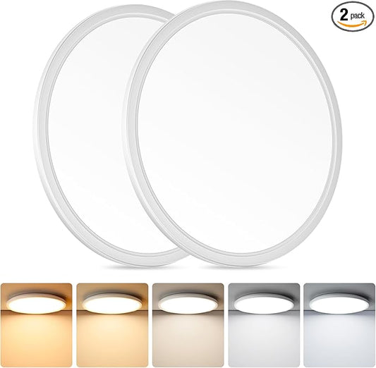 Brightever 12 Inch LED Flush Mount Ceiling Light, 24W 3200LM 5CCT Dimmable LED Ceiling Light Fixture, 2700K/3000K/4000K/5000K/6500K, Ultra Thin Ceiling Lamp for Bedroom, Dining Room, White, 2-Pack