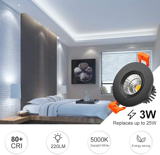 inShareplus 2 Inch LED Downlight, 3W Recessed Lighting COB Dimmable, 5000K Daylight White, CRI80, Black Trim, Ceiling Lights with LED Driver, 1 Pack