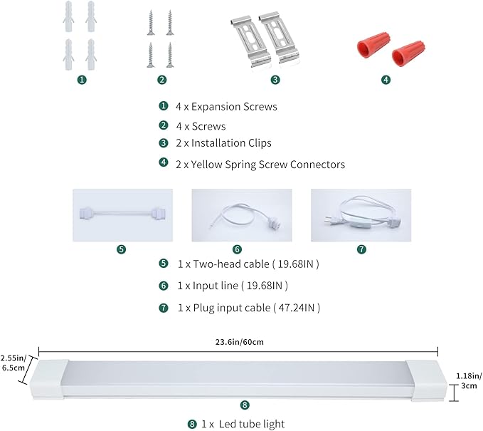 KUKUMAO 5000K Plug in LED Tube Light Fixture, 18W Linkable Cabinet Light for Garage, Kitchen, Bathroom, Closet, Office - 2Ft, Triproof, White
