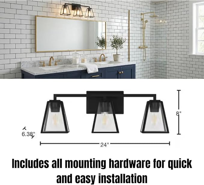 LYTIO Bathroom Light Fixture 24 Inch 3 Light Bath Vanity Light with Clear Glass Shades Wall Lamp for Mirror Living Room Hallway Cabinet 100W