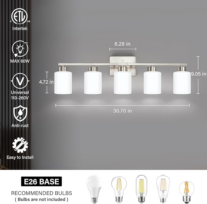 FonmYim Brushed Nickel Bathroom Light Fixtures, 5-Light Modern Vanity Light Over Mirror, Wall Sconces with Milky White Frosted Glass Shades, E26 Socket (Bulbs Not Included)