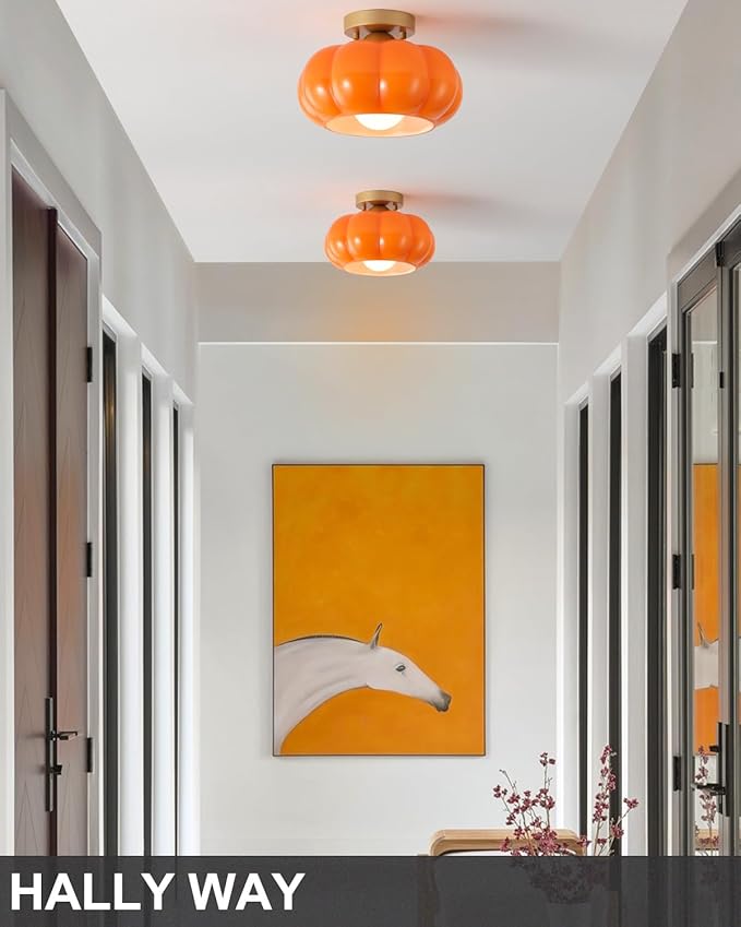 Vintage Semi Flush Mount Ceiling Light,Mid Century Modern Ceiling Light Fixtures,10 Inch Orange Glass Shade with a Gold Base,for Bedroom, Kitchen, Hallway, Entryway, and Balconie