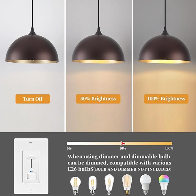 Farmhouse Pendant Light 2 Pack, Vintage Pendant Light Fixtures, Brown Kitchen Pendant Lighting, 11.8 inches Dome Kitchen Pendant Lights, Industrial Pendant Lights for Island Dining Room Bed Room