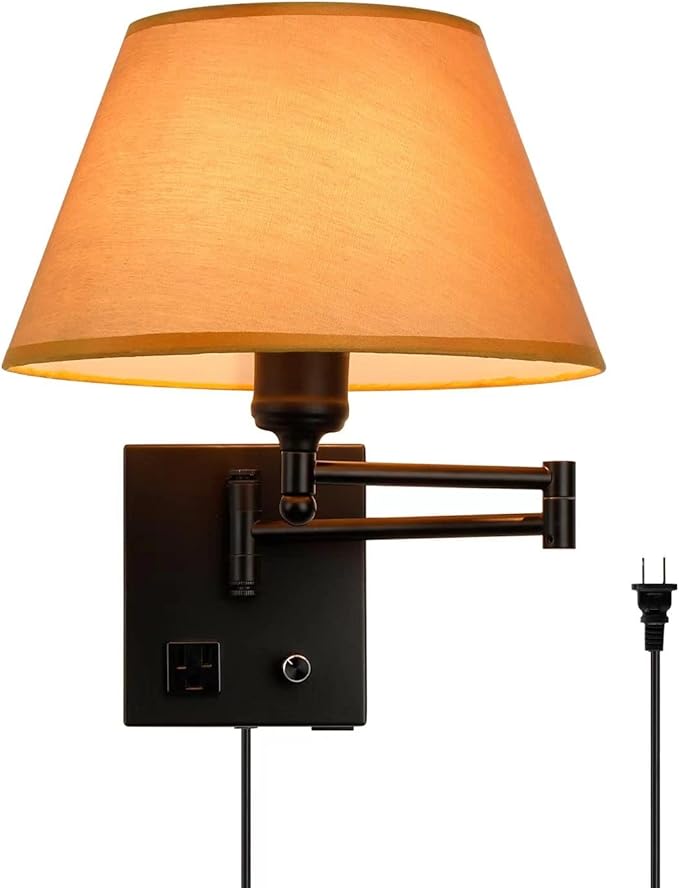 Swing Arm Wall Sconces, Plug-in Wall lamp,Bedroom Wall lamp ， White Fabric Shade with dimmable Switch and USB Charging Port,Suitable for Bedside,Living Room,Reading (Black. Gold Shadow)