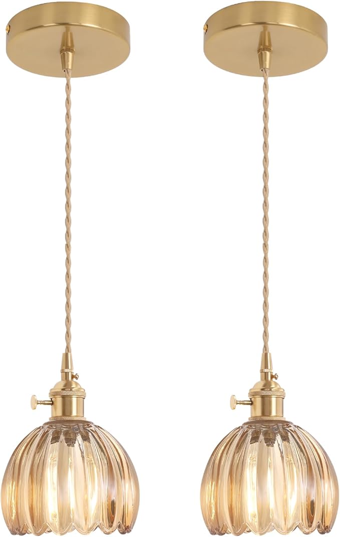 Shenmoyl Pendant Light 2 Pack with Amber Tulip Glass Lmapshade, Brass Vintage Pendant Light Adjustable Hanging Light for Kitchen Island Dining Room Hallway