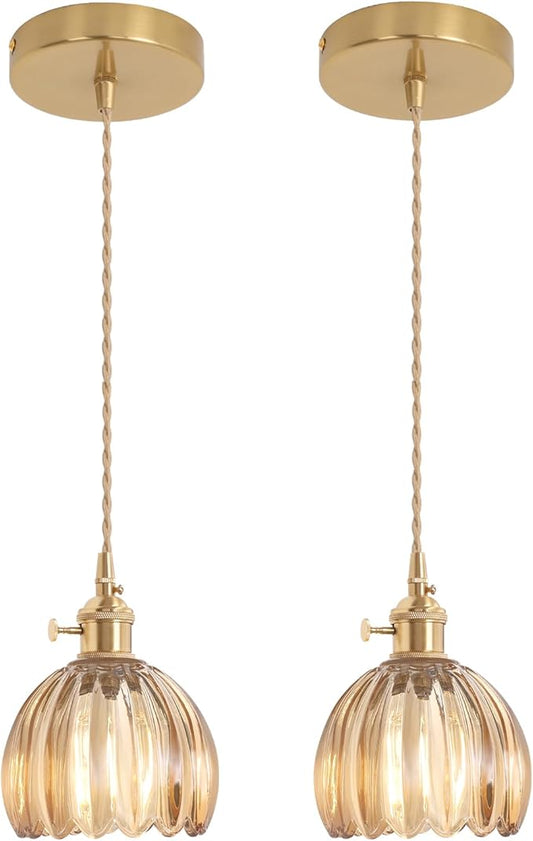 Shenmoyl Pendant Light 2 Pack with Amber Tulip Glass Lmapshade, Brass Vintage Pendant Light Adjustable Hanging Light for Kitchen Island Dining Room Hallway