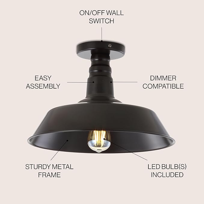 JONATHAN Y 14" Oil Rubbed Bronze Industrial LED Semi Flush Mount Ceiling Light for Porch, Kitchen, Entryway, Modern Farmhouse Iron Fixture, White Metal Shade, LED Bulb Included (JYL9516A)