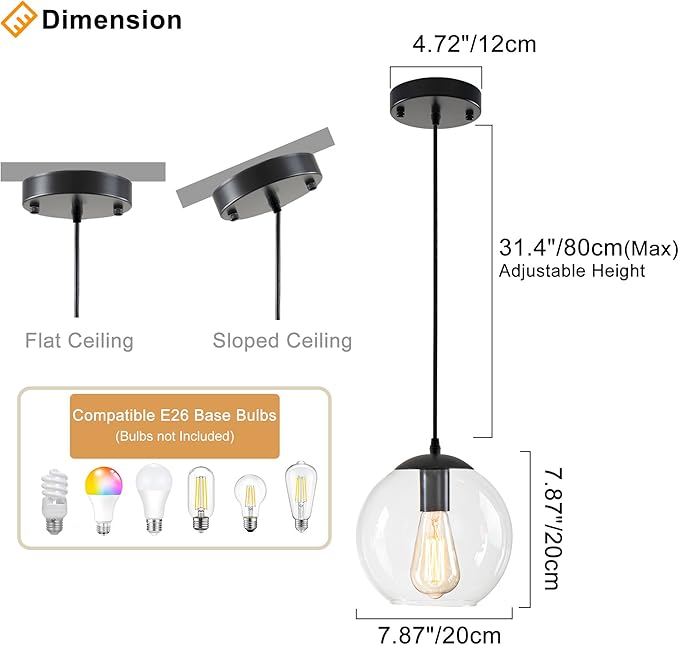 Globe Pendant Light, Modern Hanging Lighting Fixture, Classic Cluster Chandelier with Clear Glass Shades(Black, 1 Lights, 4.7 Inch)
