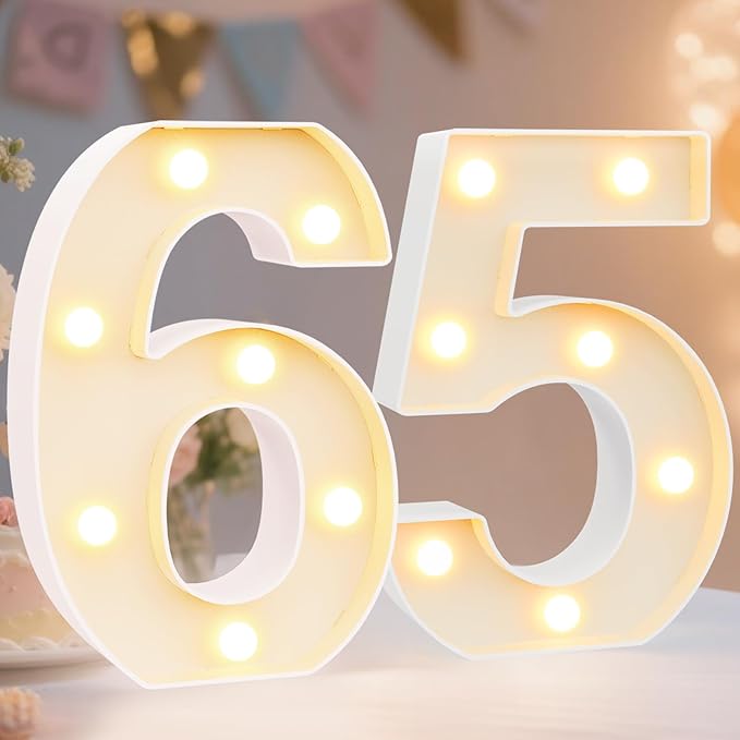 Pooqla Decorative LED Light Up Number Letters, White Plastic Marquee Number Lights Sign for 65th Birthday Party Wedding Decor, Battery Operated (65)